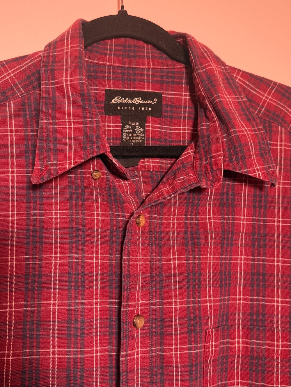 Eddie Bauer Red and Navy Plaid Button-Down L/S Shirt Heavy Duty 2XL